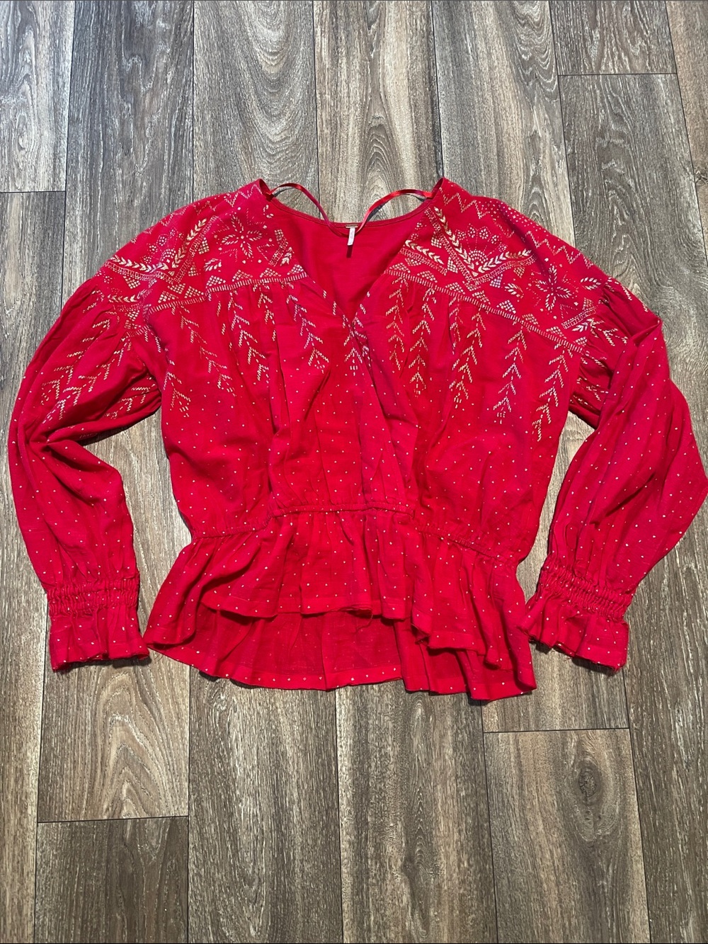 Free People Counting Stars Metallic Embroidered Peasant Blouse Red Large